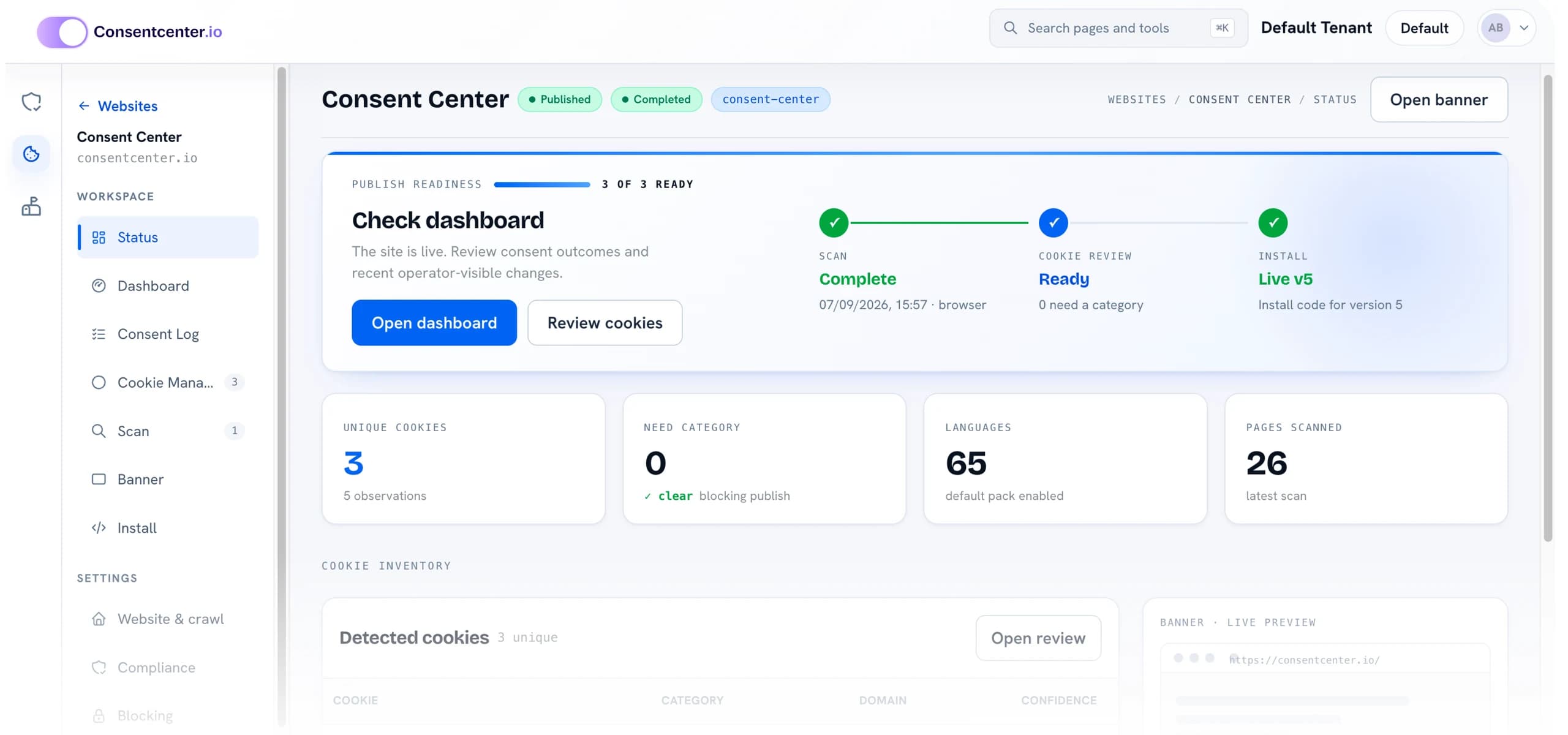 ConsentCenter website dashboard showing publish readiness, scan results and the detected cookie inventory